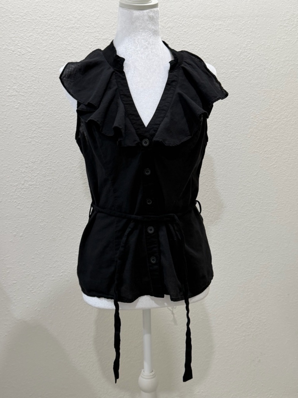 Black Sleeveless Ruffle-Trim Button Front Blouse with Tie Waist